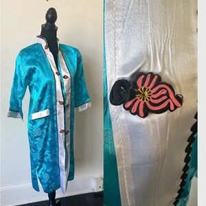 Vintage Kimono Mid Century Mod Turquoise and Pink Kimono Robe 60’s Satin Kimono